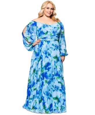 XSCAPE - Plus Size Printed Off-The-Shoulder Pleated Dress