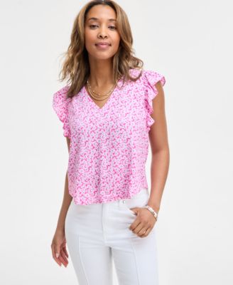 On 34th - Women's Printed Ruffle V-Neck Top