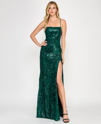 Crystal Doll - Juniors' Sequined Lace-Up-Back Gown