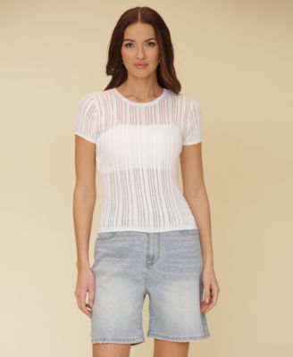 Avec Les Filles - Women's Short-Sleeve Drop-Stitch Knit Top
