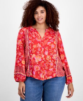 Liverpool Los Angeles - Plus Size Printed Blouson-Sleeve Button-Front Blouse