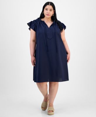 Robbie Bee - Plus Size Flutter-Sleeve Tie-Neck Shift Dress