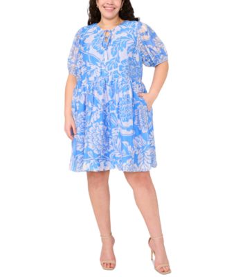 MSK - Plus Size Printed Tie-Neck Puff-Sleeve Dress