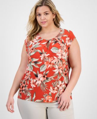Kasper - Plus Size Printed Keyhole Camisole Top