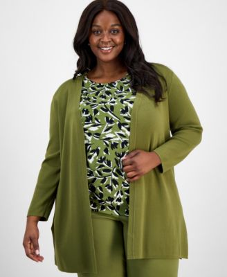 AK Anne Klein - Plus Size Open-Front Side-Slit Cardigan