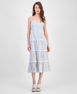 GUESS - Women's Floral Eyelet Tiered Midi Dress