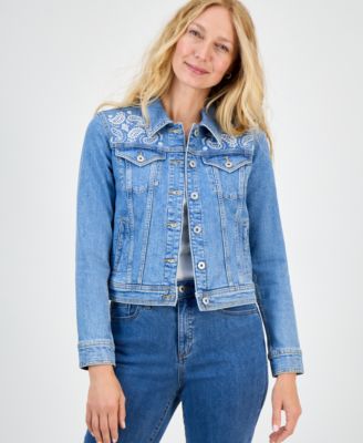 Style & Co - Petite Embroidered-Yoke Denim Jacket
