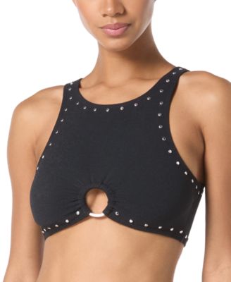 Michael Kors - Women's Crepe Front-Ring Studded Bikini Top