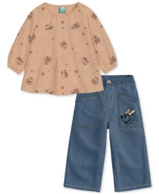 Disney - Baby Girls Cotton Minnie Mouse Gauze Top & Denim Pants, 2 Piece Set