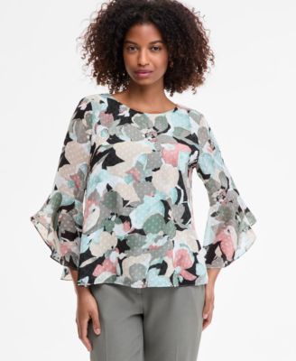 Kasper - Women's Printed 3/4-Ruffle Sleeve Blouse
