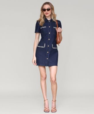 Avec Les Filles - Women's Collared Button-Front Mini Denim Dress