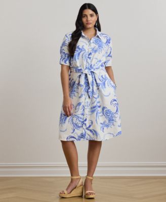 Lauren Ralph Lauren - Plus Size Paisley Tie-Front Linen Shirtdress