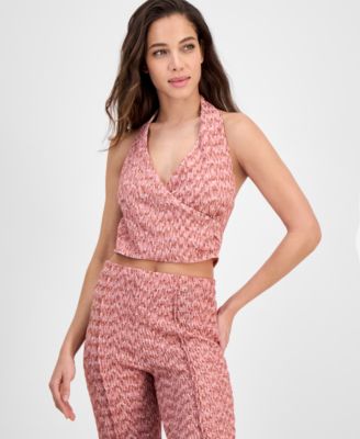 GUESS - Women's Naleny Faux-Wrap Knit Halter Top