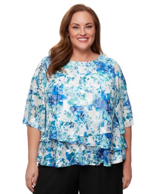 Alex Evenings - Plus Size Printed Chiffon 3/4-Sleeve Blouse