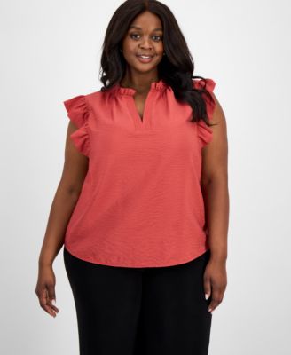 Anne Klein - Plus Size Ruffle-Trim Split-Neck Sleeveless Blouse