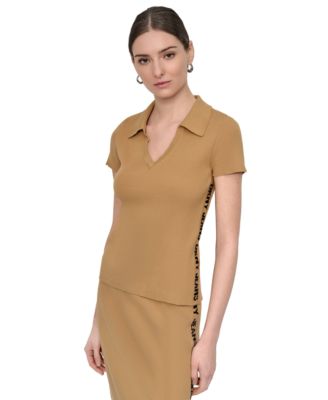 DKNY Jeans - Women's V-Neck Side-Logo Rib-Knit Short Sleeve Polo Top