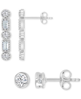 Macy's - 2-Pc. Set Cubic Zirconia Round & Baguette Solitaire Stud & Drop Earrings in Sterling Silver