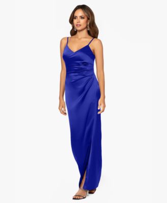 XSCAPE - Women's Satin Ruched V-Neck Long Dress