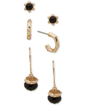 Anne Klein - Gold-Tone 3-Pc. Set Black Beaded Earrings