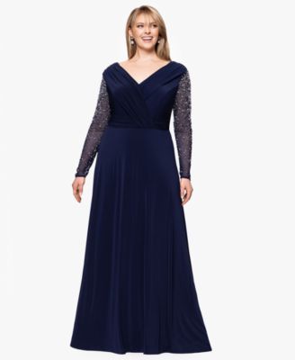 Betsy & Adam - Plus Size V-Neck Beaded Long A-Line Dress