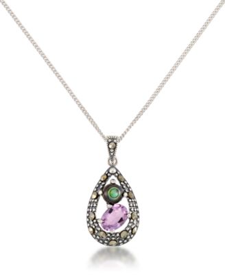 Macy's - Marcasite, Amethyst (7/8 ct. t.w.) and Abalone (1-1/2 ct. t.w.) Teardrop Pendant+18" Chain in Sterling Silver
