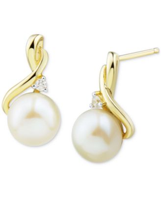 Macy's - Cultured Freshwater Pearl (7mm) & Diamond Accent Drop Earrings in 10k Gold
