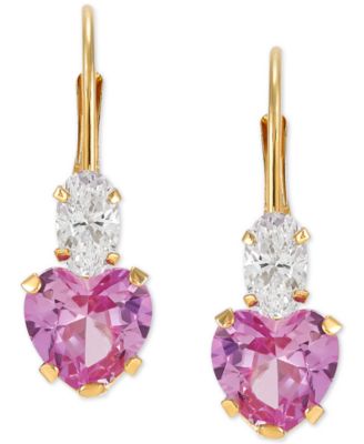 Macy's - Lab-Grown Pink Sapphire (2 ct. t.w.) & Cubic Zirconia Heart Drop Earrings in 14k Gold