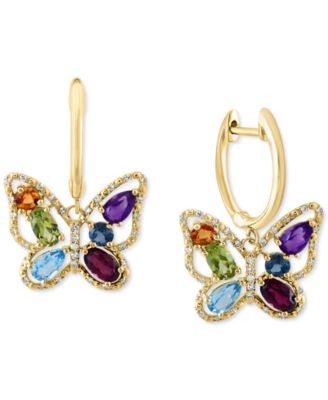 LALI Jewels - Multi-Gemstone (2-1/4 ct. t.w.) & Diamond (1/5 ct. t.w.) Butterfly Drop Earrings in 14k Gold