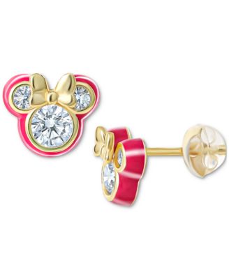 Disney - Cubic Zirconia & Deep Pink Enamel Minnie Mouse Stud Earrings in 18k Gold-Plated Sterling Silver