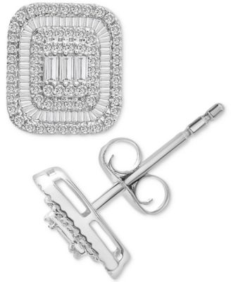 Wrapped in Love - Diamond Round & Baguette Square Halo Cluster Stud Earrings (1 ct. t.w.) in 14k White Gold