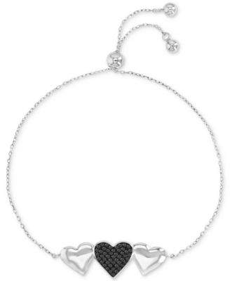 Macy's - Black Spinel & Polished Hearts Chain Link Bolo Bracelet (3/8 ct. t.w.) in Sterling Silver