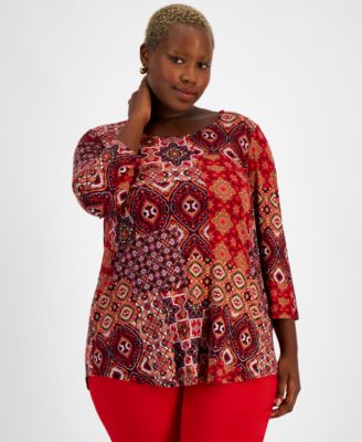 JM Collection - Plus Size Regal Tiles 3/4-Sleeve Top