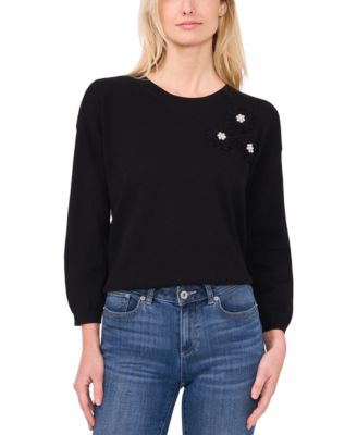 CeCe - Women's Embellished Embroidered 3/4-Sleeve Sweater