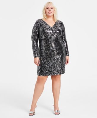 Bar III - Trendy Plus Size Sequined Zebra-Stripe Dress