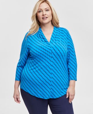 JM Collection - Plus Size Geo-Print V-Neck 3/4-Sleeve Top