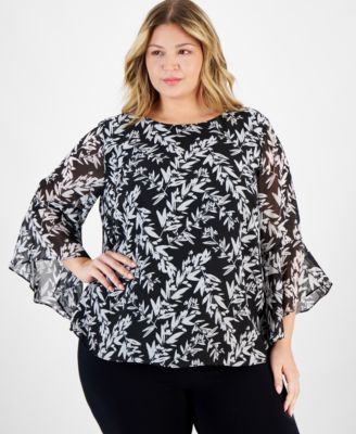 Kasper - Plus Size Printed Crewneck Ruffle-Sleeve Blouse
