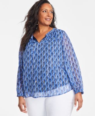 JM Collection - Plus Size Printed Split-Neck Blouse