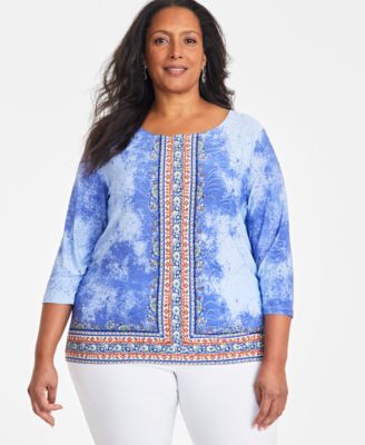 JM Collection - Plus Size Haze Jacquard Print Top,