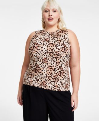 Bar III - Trendy Plus Size Cheetah-Print Sleeveless Jersey Crewneck Top