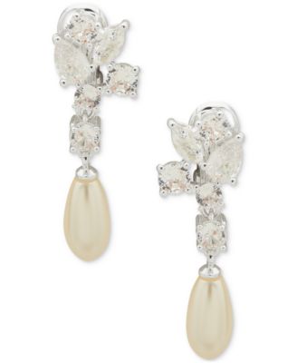 Anne Klein - Silver-Tone Cubic Zirconia Cluster & Imitation Pearl Clip-On Drop Earrings
