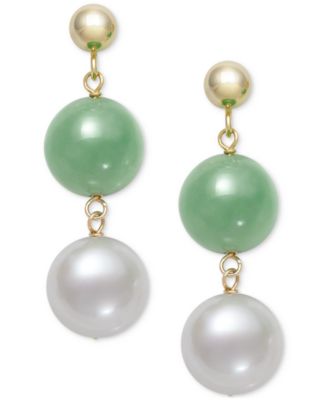 Macy's - Dyed Green Jade & Freshwater Pearl (7-1/2mm) Double Drop Earrings in 10k Gold