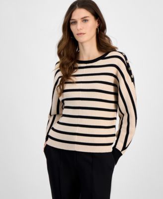 T Tahari - Women's Striped Dolman Button-Sleeve Sweater