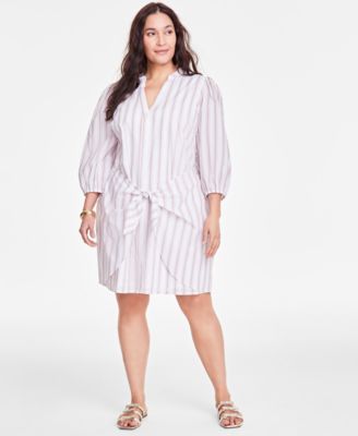 On 34th - Trendy Plus Cotton Striped Tie-Waist Shirtdress