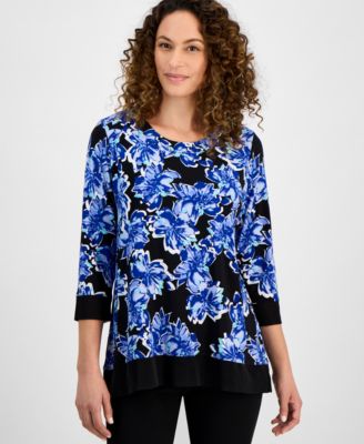 AK Anne Klein - Petite 3/4-Sleeve Solid-Trim Printed Tunic