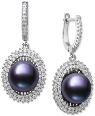 Belle de Mer - Peacock Black Cultured Freshwater Pearl (10mm) & Cubic Zirconia Halo Drop Earrings in Sterling Silver (Also in White Cultured Freshwater Pearl)