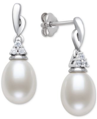 Belle de Mer - Cultured Freshwater Pearl (7-8mm) & Lab-Created White Sapphire Accent Drop Earrings in Sterling Silver