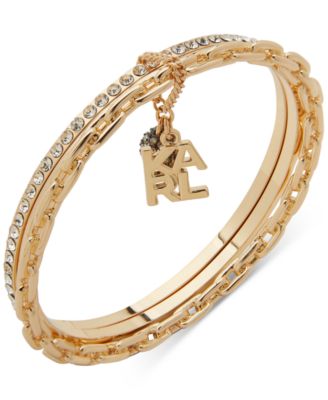 KARL LAGERFELD PARIS - Two-Tone Crystal Disco Ball & Logo Charm Triple-Row Bangle Bracelet