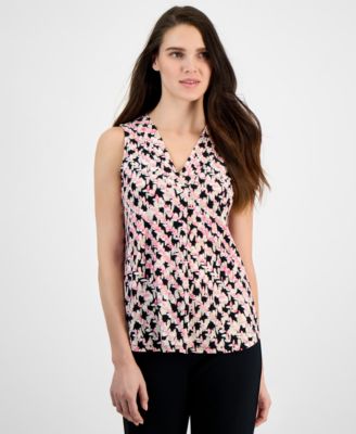 Anne Klein - Women's Pleated-Neck Printed Sleeveless Top