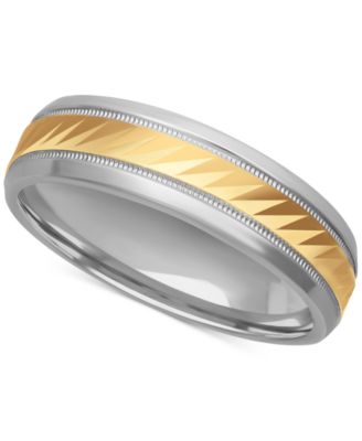 Macy's - Men's Diagonally-Engraved Milgrain Detail Wedding Band in Sterling Silver & 18k Gold-Plated Sterling Silver
