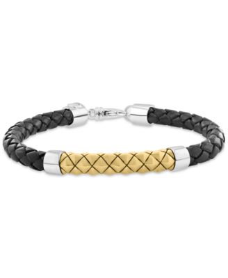 EFFY Collection - Men's Braided Leather Bracelet in 18k Yellow Gold Over Sterling Silver & Sterling Silver